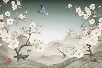 3d floral wallpaper with branches of flowers, herbs, birds, and mountains.  generate ai