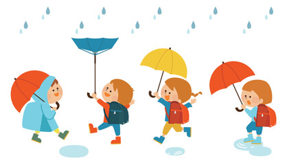 梅雨　傘をさす子供達のイラスト　セット素材