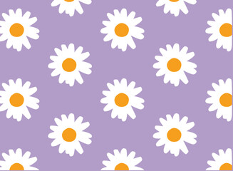 Daisy Flowers, Seamless Pattern, Purple Colors. Vector Illustration. Seventies Style, Groovy Background, Wallpaper. Flat Design, Hippie Aesthetic.