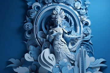 Culture and religious concept. God Krishna sculpture. Copy space. Paper illustration style. Generative AI