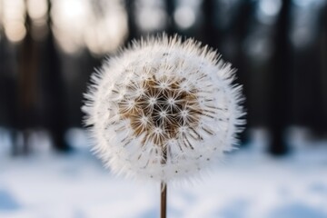 lone dandelion standing tall in a snowy landscape. Generative AI