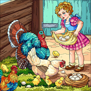 illustration of a girl picking up farmed chicken eggs
