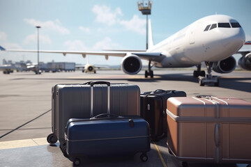 Fototapeta na wymiar Travel, leisure and vacation concept. Airplane and luggage in airport. Sunlight. Generative AI