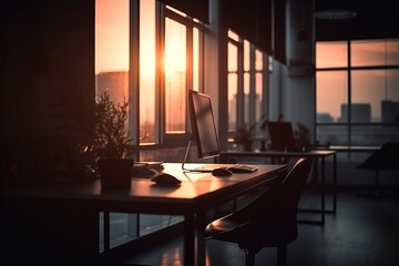 Blurred office workspace in the evening interior. AI generated