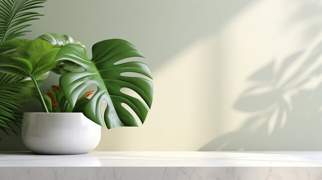 Minimal, modern white marble stone counter table, tropical monstera plant tree in sunlight on green wall background 