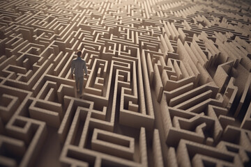 Man silhouette in maze or labyrinth. Finding solution and self concept. Generative AI