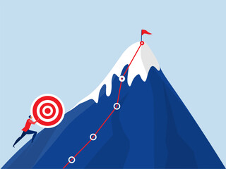 achieve goal and success concept Businessman pushing heavy boulder to mountain peak.hardship and burden concept. Cartoon vector illustration. - obrazy, fototapety, plakaty