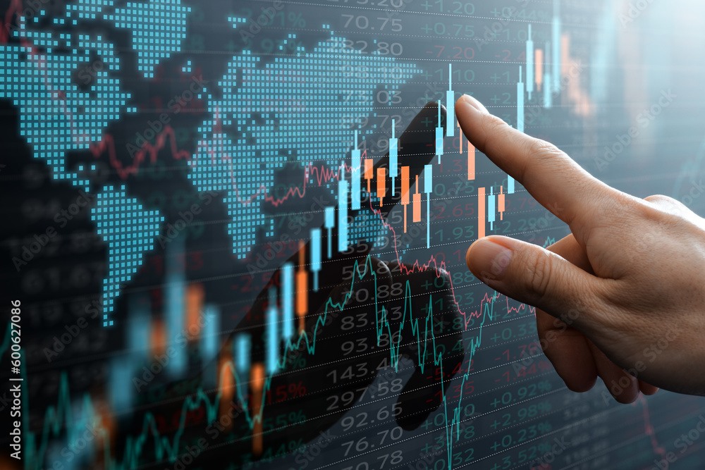 Aufkleber graphs and world financial markets data. investor pointing at the candlestick chart.