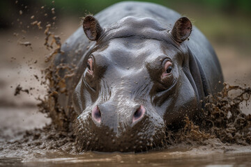 a hippopotamus taking a mud bath