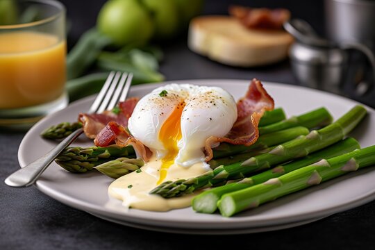 Benedict poached Duck egg with crispy bacon and fried asparagus on toasts for breakfast, generate ai