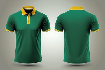 Polo t-shirt front and back mockup, green and yellow contrast, 3d render