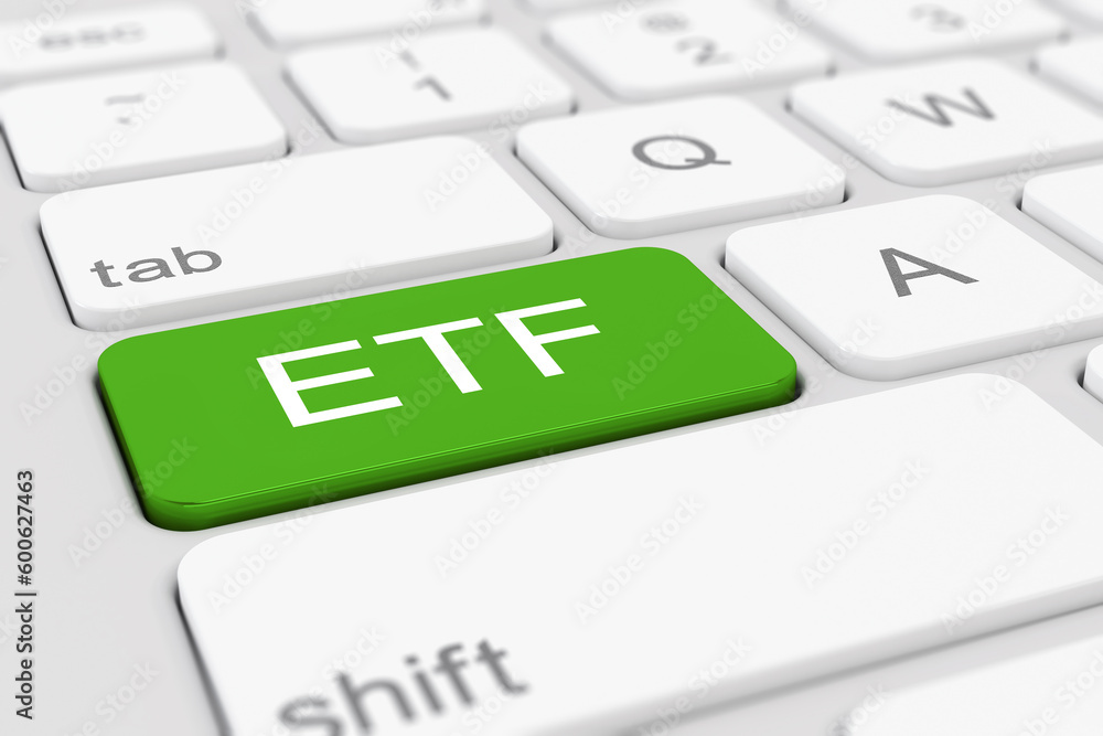 Poster 3d rendering of a keyboard with green etf key.