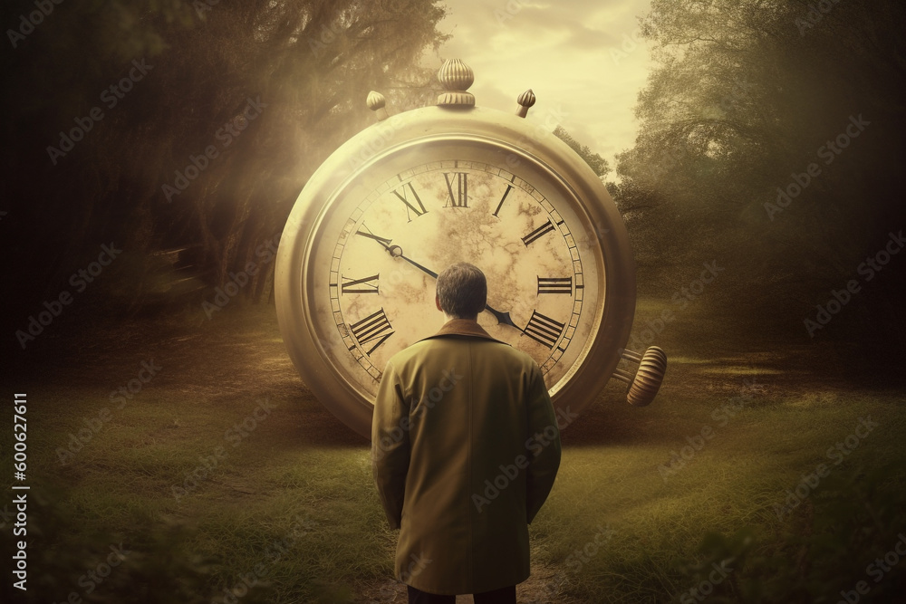 Wall mural abstract concept of time passing by. human silhouette and old clock representing past time. turn bac
