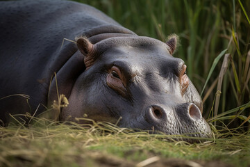 a hippopotamus sleeping in the grass