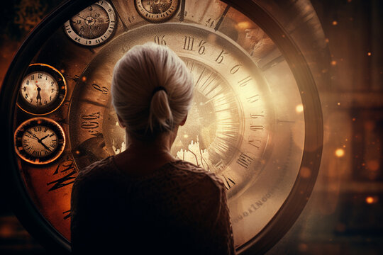 Abstract concept of time passing by. Human silhouette and old clock representing past time. Turn back time concept. Melancholic mood. Generative AI