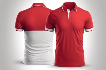 Red and white polo shirt template, front and back view, 3d rendering