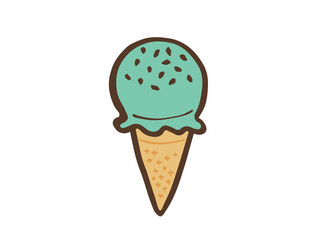 かわいいアイスクリームのチョコミント味コーン／手描きイラスト素材