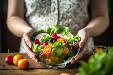 A view of a young woman's hands holding a glass bowl full of a healthy mixed salad, generate ai