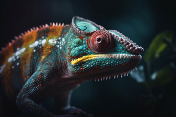 Obraz premium Animal and nature concept. Colorful and beautiful chameleon close-up portrait. Generative AI