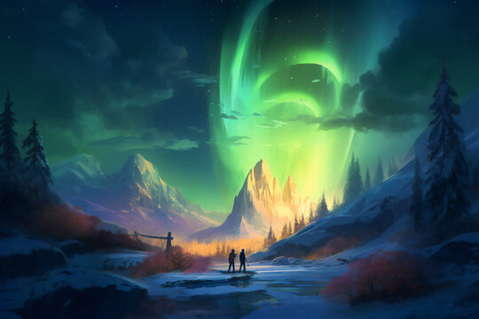 Twirling under the Northern Lights: A Grand Escapade. Generative AI.
