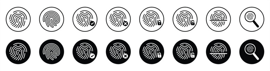 Fingerprint icon collection. Fingerprint lock and unlock, magnifying, scanning, Fingerprint identification icon for apps and websites. Vector illustration.	