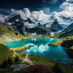 The Swiss Alps With Its Snow Capped Peaks Lush Green Valleys and Crystal Clear Lakes AI Generative