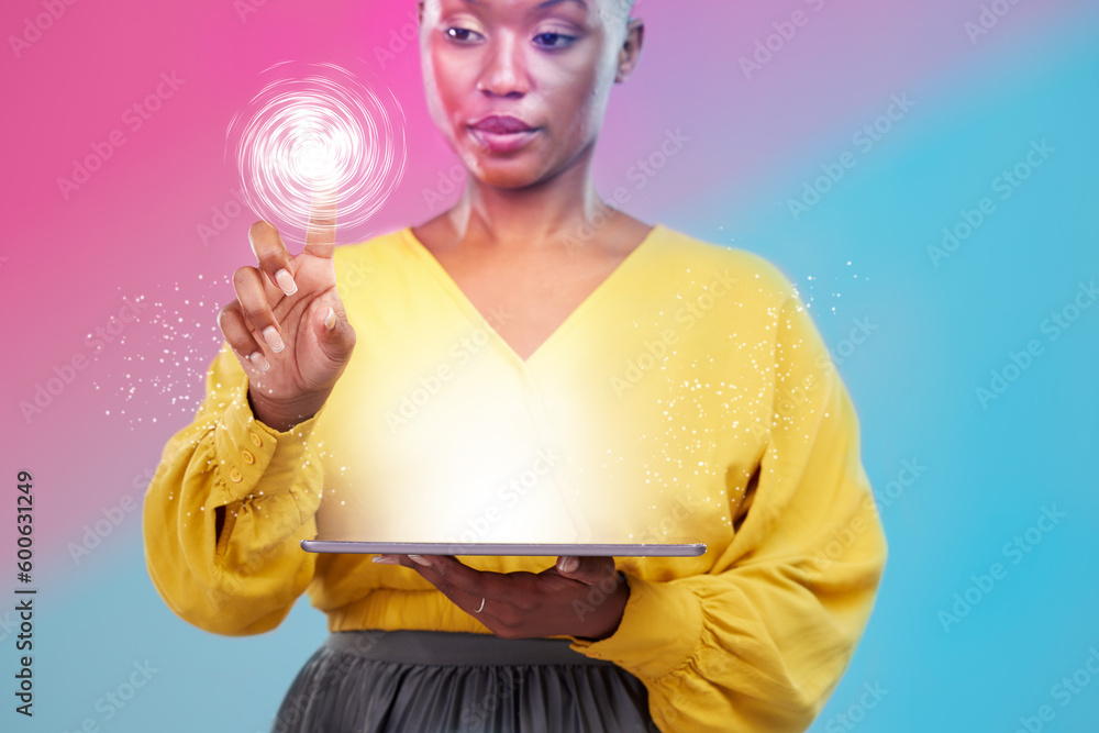 Aufkleber tablet, hologram and overlay with a black woman in studio on a neon background for biometrics on a d