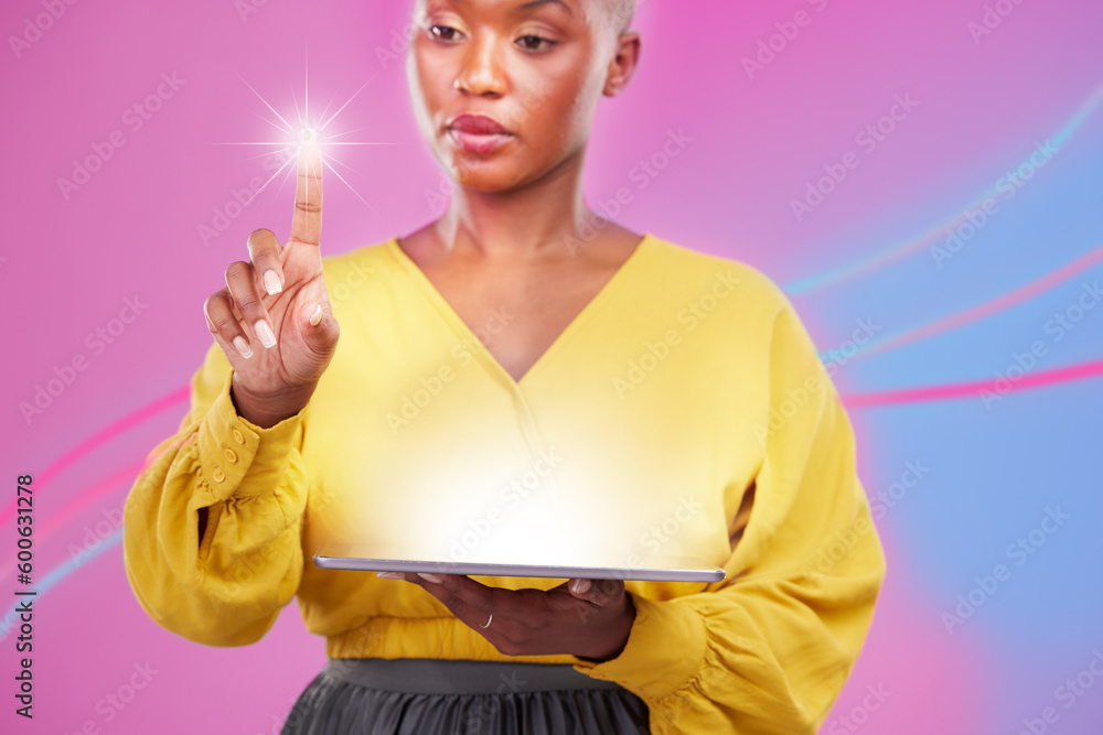 Poster Tablet, 3d and overlay with a black woman user in studio on a neon background for biometrics on a dashboard. Futuristic, digital and ai with a person using a holographic, virtual or ai interface