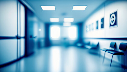 Fototapeta premium A hallway with a blue wall and a row of windows, Abstract blur hospital and clinic interior for background - Generative Ai