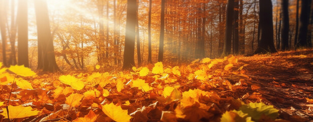 Autumn leaves in a forest with sun over them. Generative AI.