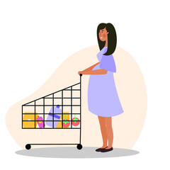 Pregnant women shopping using trolley in supermarket illustration. Beautiful young pregnant girl shopping vegetables at market vector illustration.