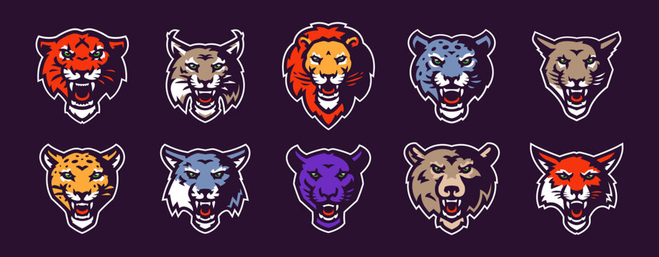Mascot set. Colorful set of sports logos, stickers, badges with wild animal mascots. Tiger, lynx, lion, snow leopard, cougar, leopard, wolf, panther, bear, fox. Isolated vector illustration