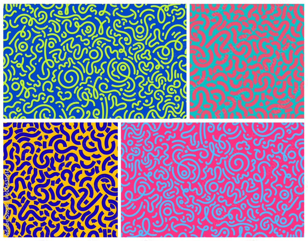 Poster set of colorful line doodle seamless pattern. creative abstract colored squiggle style drawing backg