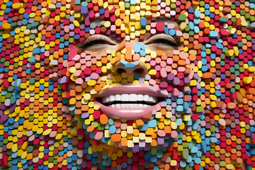 Colorful female face made up of tiny 3D cubes, abstract, fun. Bold and exciting.