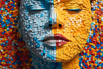 Colorful, abstract women's face made up of tiny 3D blocks with a strong blue to yellow divide in the colors. Eye's closed. Fun, vibrant, 3D.