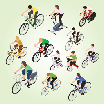 adult people children riding sports road walking bicycles isometric set isolated vector illustration