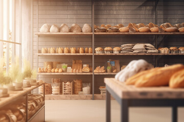 Fototapeta na wymiar Eco-friendly bakery store with wooden wall, parquet floor, variety of bread, bun, snack on shelf for healthy shopping lifestyle, interior design decoration background with generative AI technology