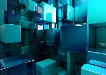Background with reflective spheres and cubes in various sizes, casting soft shadows in a surreal blue-toned environment, ideal for modern and futuristic design concepts