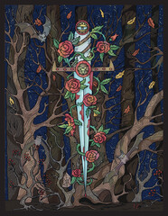 Vintage colorful illustration with decorated romantic medieval sword against background of gloomy autumn forest with creepy branches,  scary Halloween and fantasy concept
