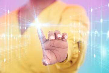 Touch, digital lights and woman hand isolated on a neon background in holographic, metaverse and futuristic technology. Finger, screen and person hologram, networking overlay or software in studio