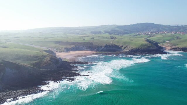 Majestic Playa de Tagle, Spain, Aerial Shot, Big Waves