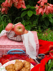 In the frame ripe red apples. Outdoor background 