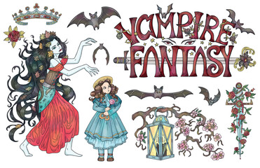 Design vector set with colorful fantasy illustrations of vampire princess, bats and old victorian decorations. Halloween collection with gothic and esoteric symbols.