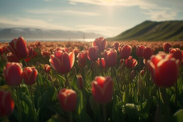 Wide view of a field of tulip flowers, with vibrant colors and blooming beauty stretching as far as the eye can see. A stunning natural wonder. Generative AI.