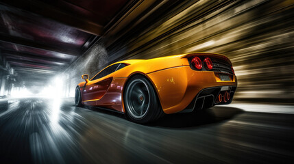 Yellow hypercar moves at high speed in a tunnel Generative AI