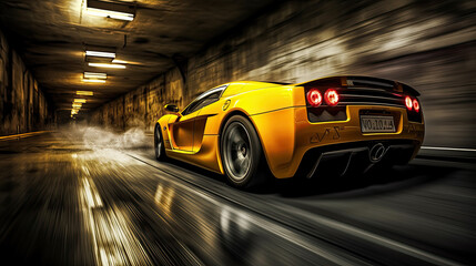 Fototapeta na wymiar Yellow hypercar moves at high speed in a tunnel Generative AI