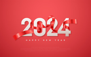 Happy New Year 2024, with white numbers wrapped around red ribbons. Bright Red Background Elegant. Premium vector design for greetings and celebration of Happy New Year 2024.