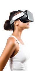 Obraz premium young woman using virtual reality headset isolated on a transparent background, generative ai