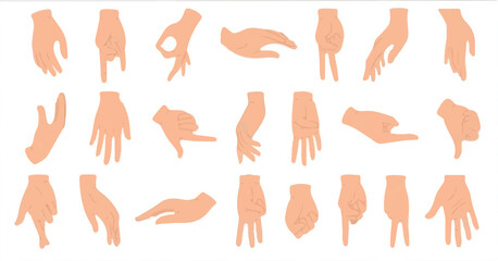 Hand Vector. Top Collection. Trend Hands poses. Cartoon human palms and wrist vector set. Hand gestures, fingers crossed, fist, peace and thumb up. 2D White Hand. Hands series. Female Hand. Male Hands