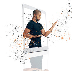 Fitness, karate and a serious man on a phone app isolated on a white background in a studio. Training support, coach and a guy with moves for a cardio fight and exercise on a mobile with color splash